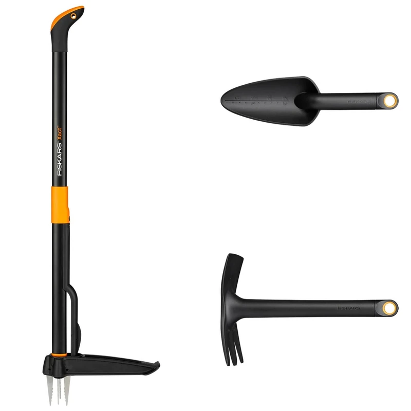 Fiskars garden tool set, 3-piece, Xact weeder, Stainless steel/plastic, Solid combination hoe and trowel, Glass fibre reinforced plastic, Black/orange, 1077307