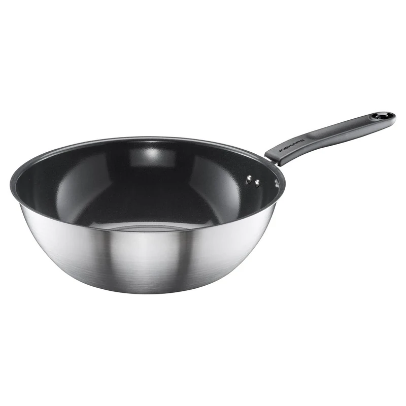 Fiskars wok, Ø 28 cm, Coated pan, Suitable for all hobs, Recycled stainless steel, Functional shape, Silver/black, 1072313