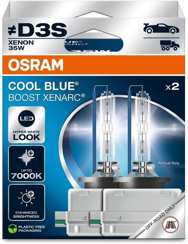 OSRAM XENARC® Cool Blue Boost, D3S, Xenon Headlight Lamps, 7000K, Hanging folding box (2 lamps), offroad use only