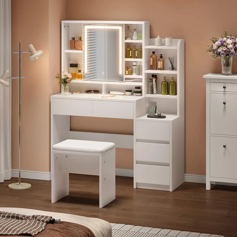 YITAHOME Dressing Table With Mirror and Stool, Vanity Makeup Desk White Bedroom Dressing Tables with LED Lights 5 Drawers, Power Outlet Adjustable Brightness, Modern Makeup Table