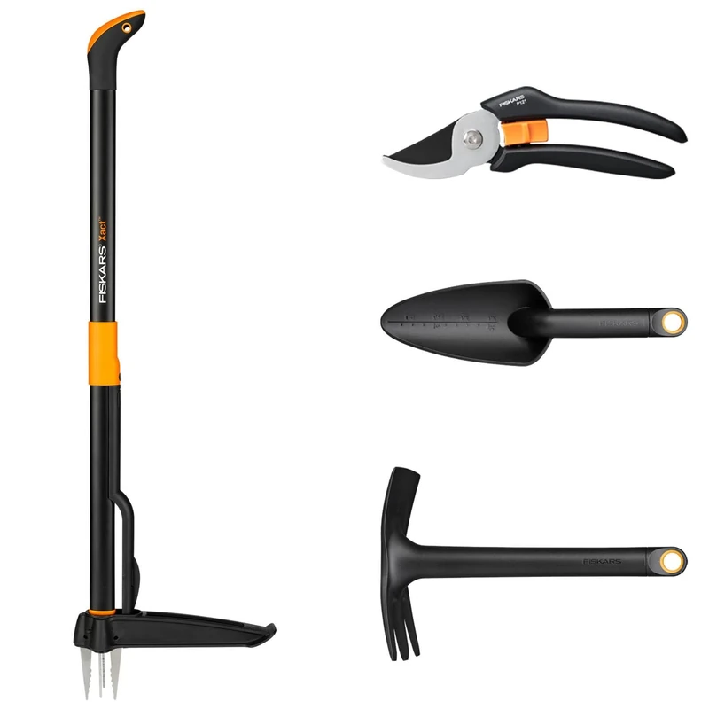 Fiskars garden tool set, 4-piece, Xact weed cutter, Length: 1 m, Solid combi hoe, length: 28 cm, Solid flower trowel, length: 28 cm, Solid bypass pruning shears P121, 1077309
