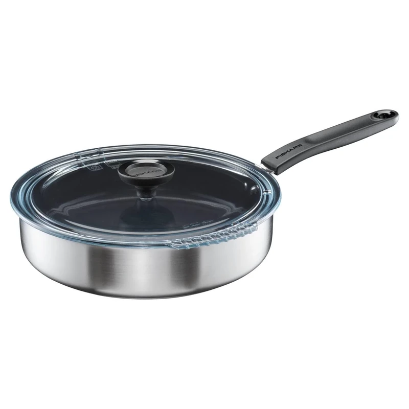Fiskars sauté pan with lid, Ø 26 cm, Coated pan, Suitable for all hobs, Recycled stainless steel, Functional shape, Black, 1072314