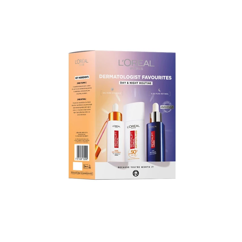 L'Oreal Paris Dermatologist Favourites Giftset, Three Dermatologist Validated Products; 12% Pure Vitamic C Serum; SPF 50+ Anti-UV Fluid; 0.2% Pure Retinol Night Serum; Complete Day & Night Routine