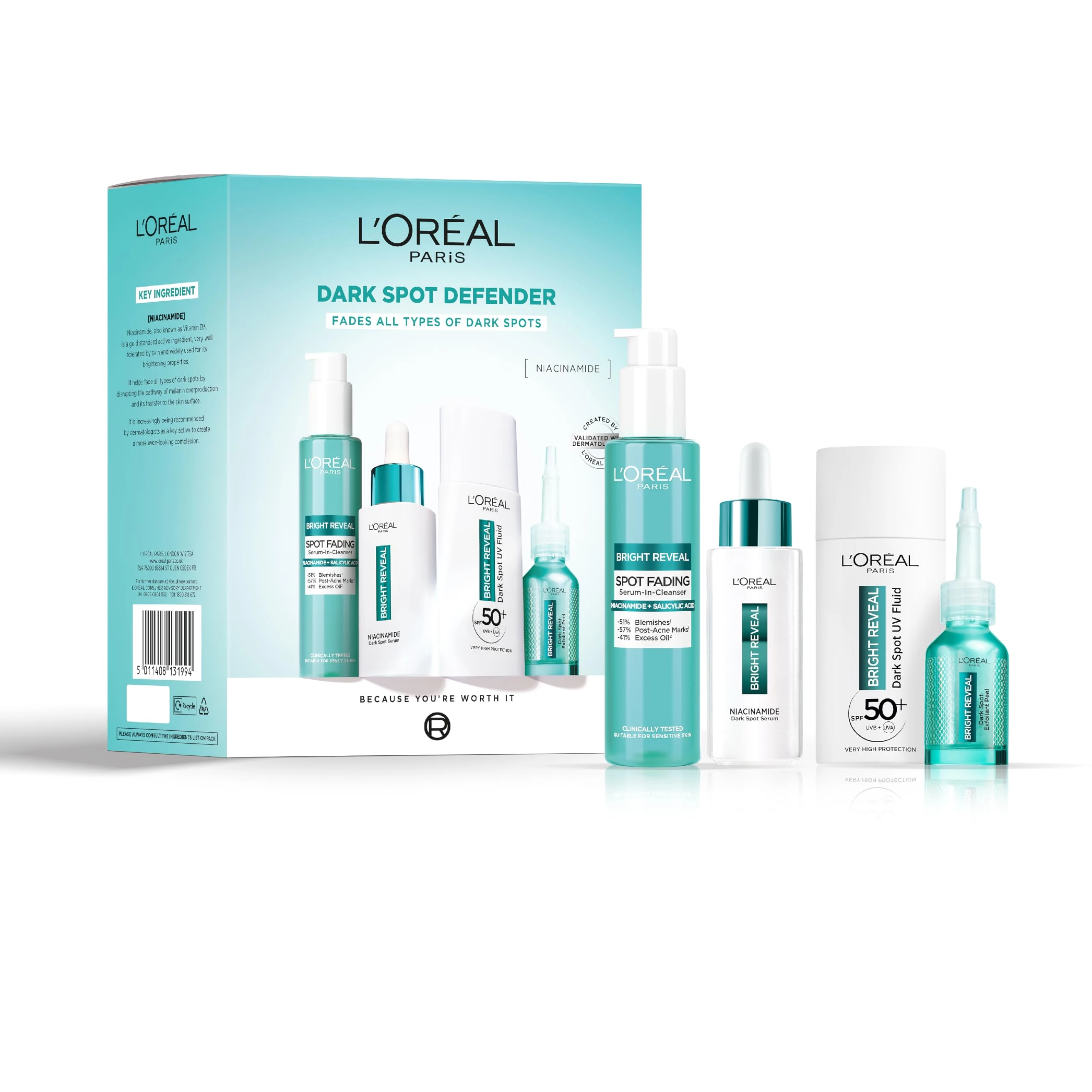 L'Oreal Paris Dark Spot Defender Giftset, 4 Step Routine Powered By Niacinamide; Bright Reveal Spot Fading Serum-in-Cleanser; Niacinamide Dark Spot Serum; SPF 50+ UV Fluid; Exfoliant Peel Treatment