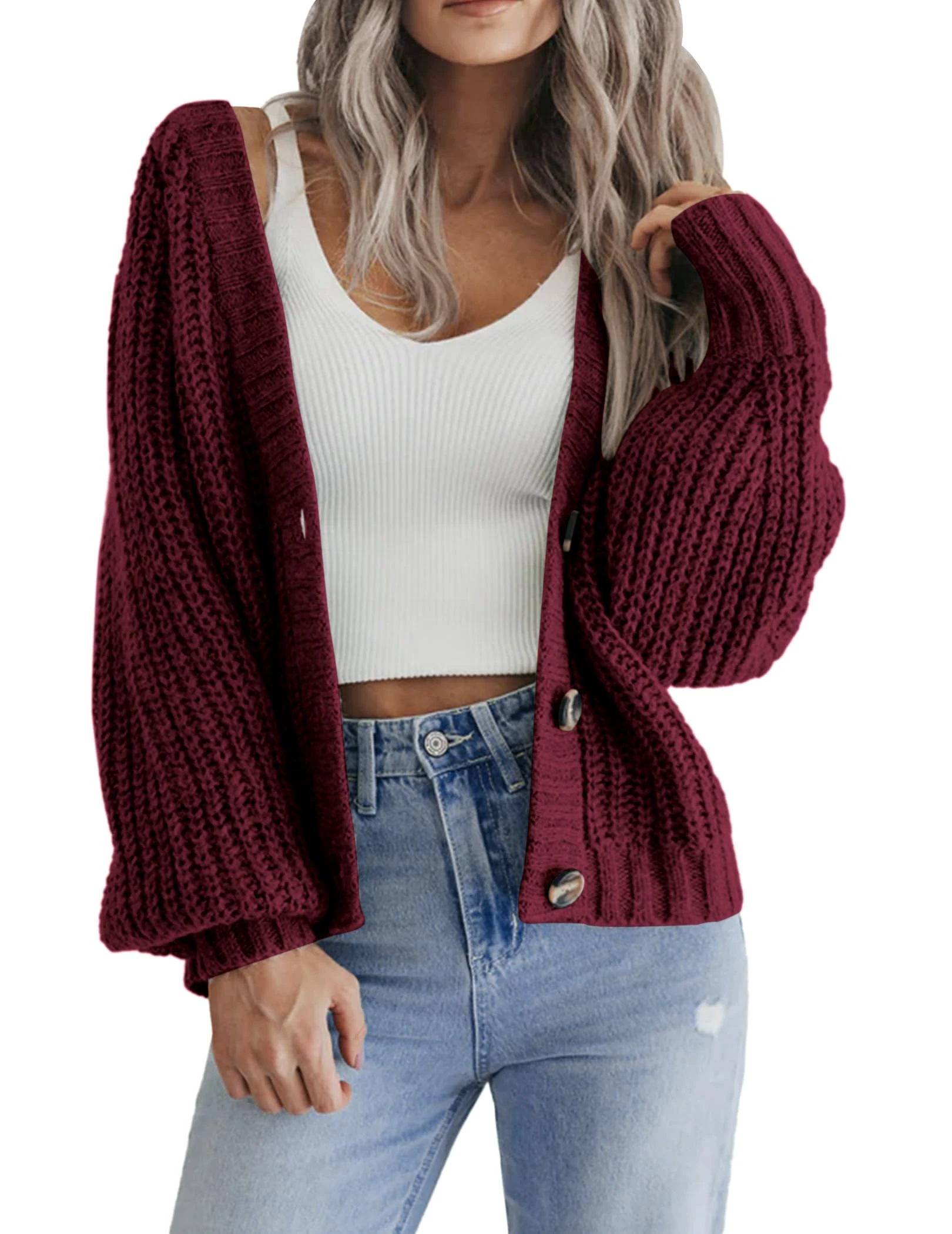 HOTOUCH Women's Cardigans Short Jumpers Long Sleeve Open Front Button Down Cardigan Knit Lightweight Outerwear for Autumn Winter Spring WineRed XL