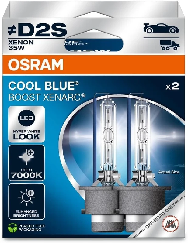 OSRAM XENARC® Cool Blue Boost, D2S, Xenon Headlight Lamps, 7000K, Hanging folding box (2 lamps), offroad use only