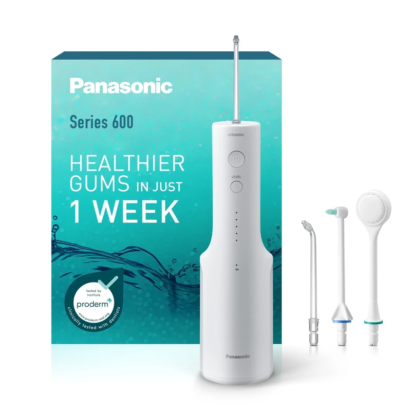 Panasonic Series 600 Water Flosser for Teeth, Cordless EW-DJ67-W311, 99.9% Plaque Remover, IPX7, 2 Ultrasonic Nozzles, 1 Orthodontic & 1 Tongue Care Nozzle, 5 Pressure Settings, Oral Irrigator, White