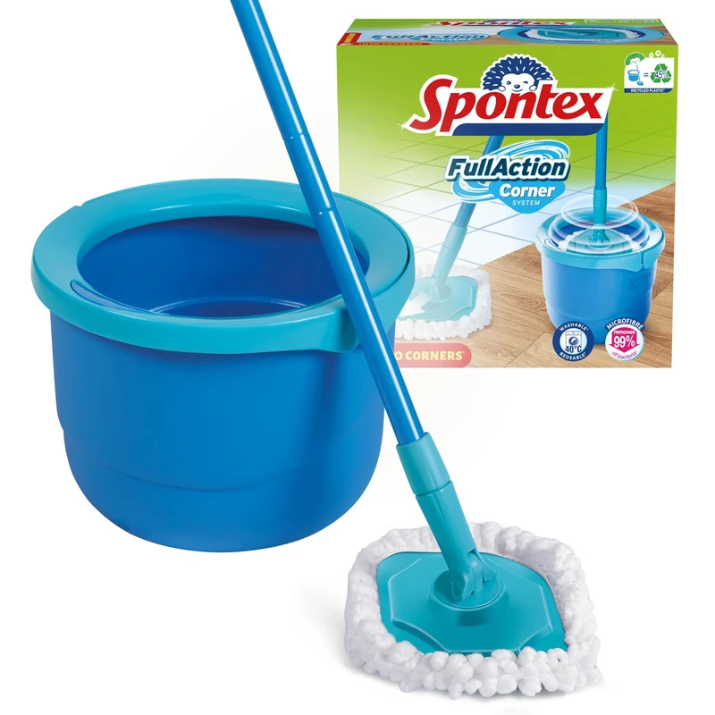 Spontex Full Action Corner System Spin Mop and Bucket Set | Reaches Tight Corners | Easy 360° Wringing & Rinsing System | Cleans Laminate, Wood & Tile Flooring | 1 Microfibre Mop Head