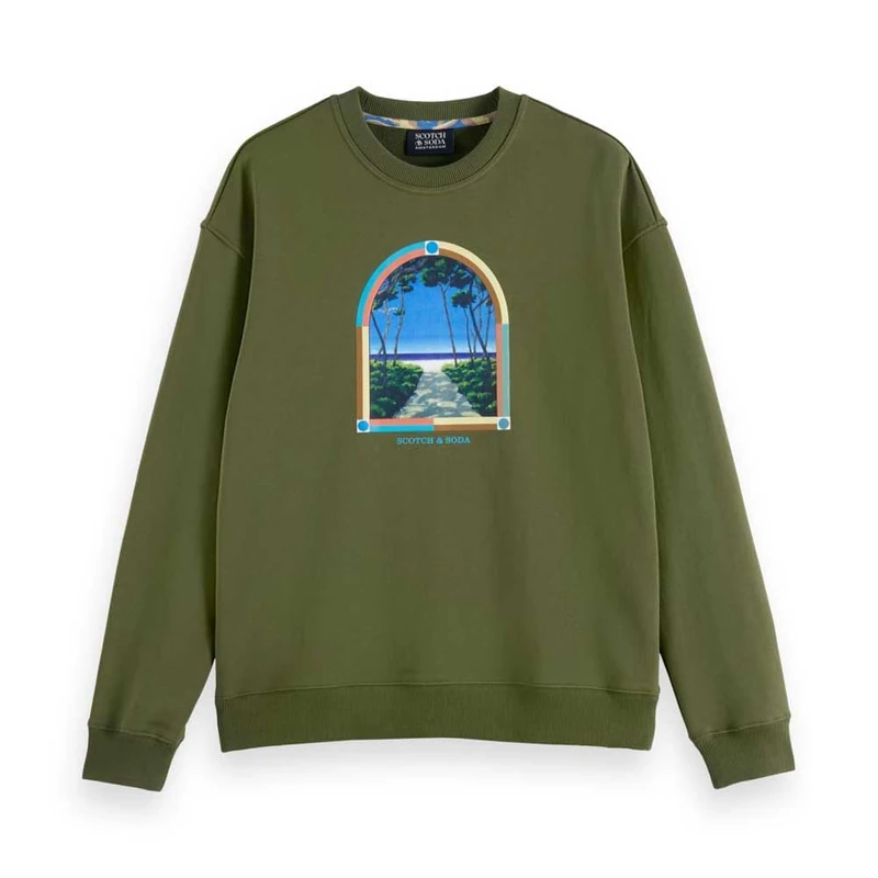 Scotch & Soda Men's Front Artwork Relaxed-Fit Crewneck Sweatshirt, Army, S