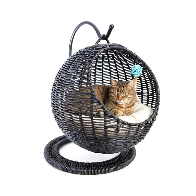 AQPET Morfeo Hanging Bed for Cats Kittens in Hand-Woven Wicker with Mordbid Cushion Included, Black, 46 x 62 cm - Image 1