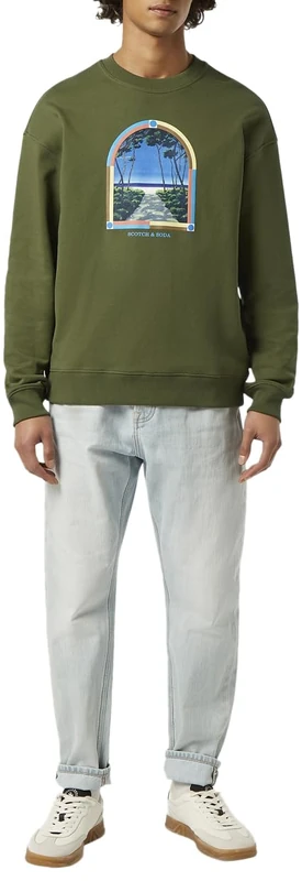 Scotch & Soda Men's Front Artwork Relaxed-Fit Crewneck Sweatshirt, Army, L