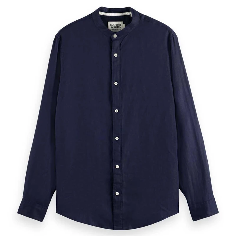 Scotch & Soda Men's Linen Stand Up Collar Shirt, Night, XXL