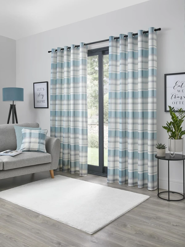 Fusion Duck Egg Blue Tartan Curtains W90 x L90 (229 x 229cm) – 100% Cotton Eyelet Drapes – 2 Panels – Aqua Blue Plaid Check Curtains – Sky Blue Thermal Window Coverings for Bedroom & Living Room