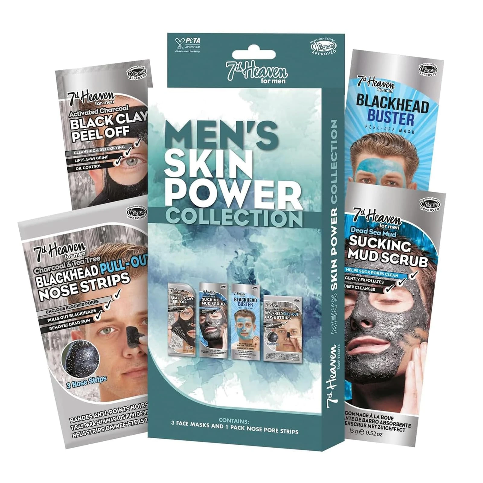 7th Heaven Men’s Skin Power Gift Set - Energises & Revives Skin - 3 Masks and Nose Pore Strips