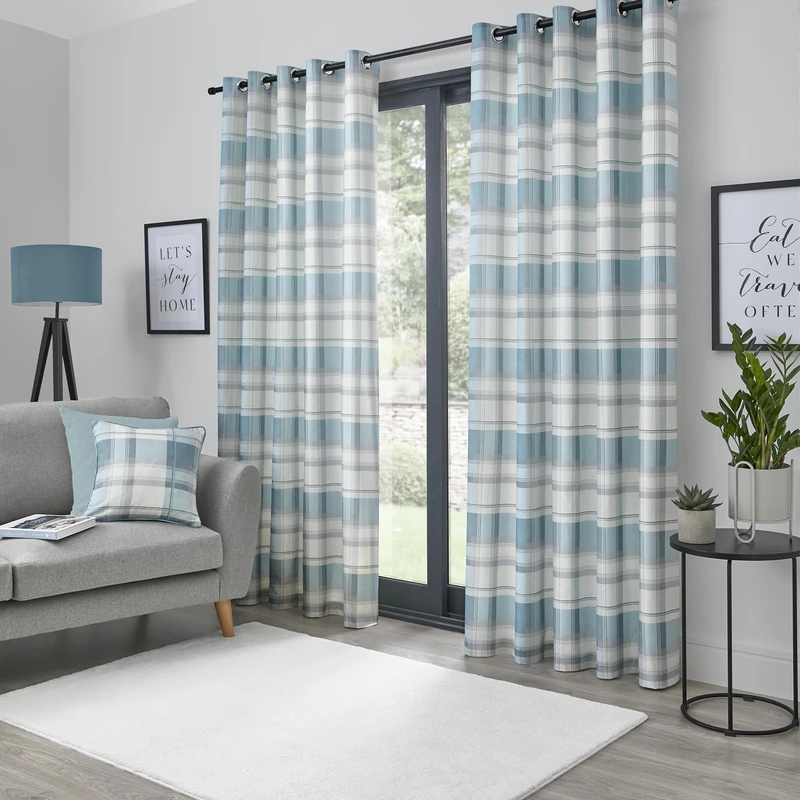 Fusion Duck Egg Blue Tartan Eyelet Curtains W168 x L229cm (W66 x L90) – 100% Cotton – 2 Panels – Check Pattern – Blue Plaid Curtains for Bedroom/Living Room