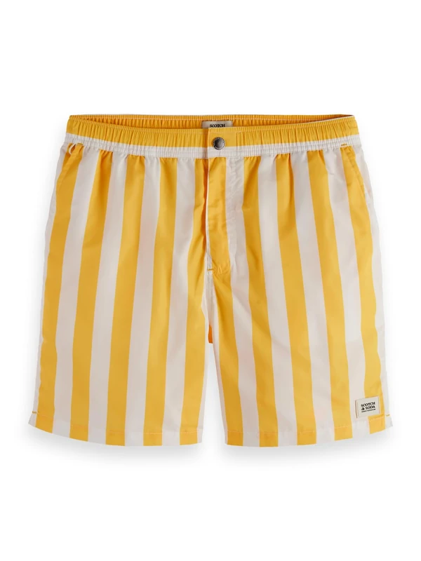 Scotch & Soda Men's Striped Mid-Length Swim Shorts Board Shorts, Yellow Sun Stripe, L