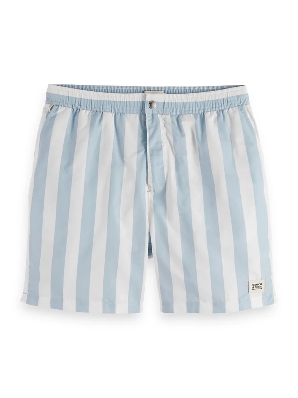 Scotch & Soda Men's Striped Mid-Length Swim Shorts Board Shorts, Sky Blue Stripe, XL