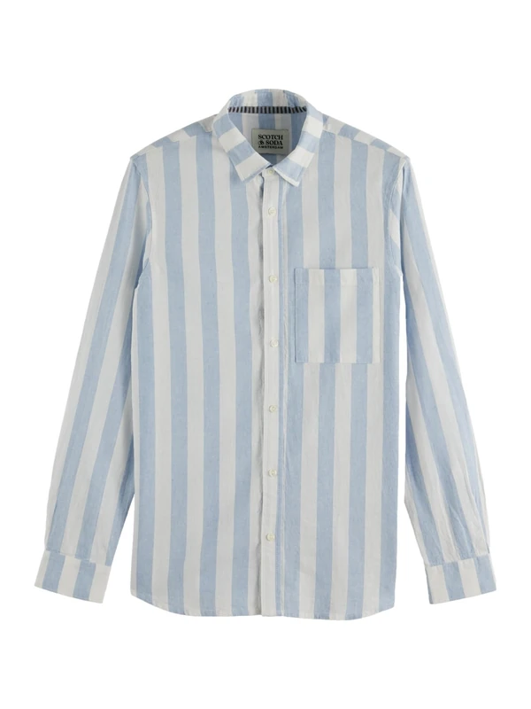 Scotch & Soda Yarn-Dyed Linen Blend Striped Regular Fit Shirt, Sky Blue Stripe 420, L