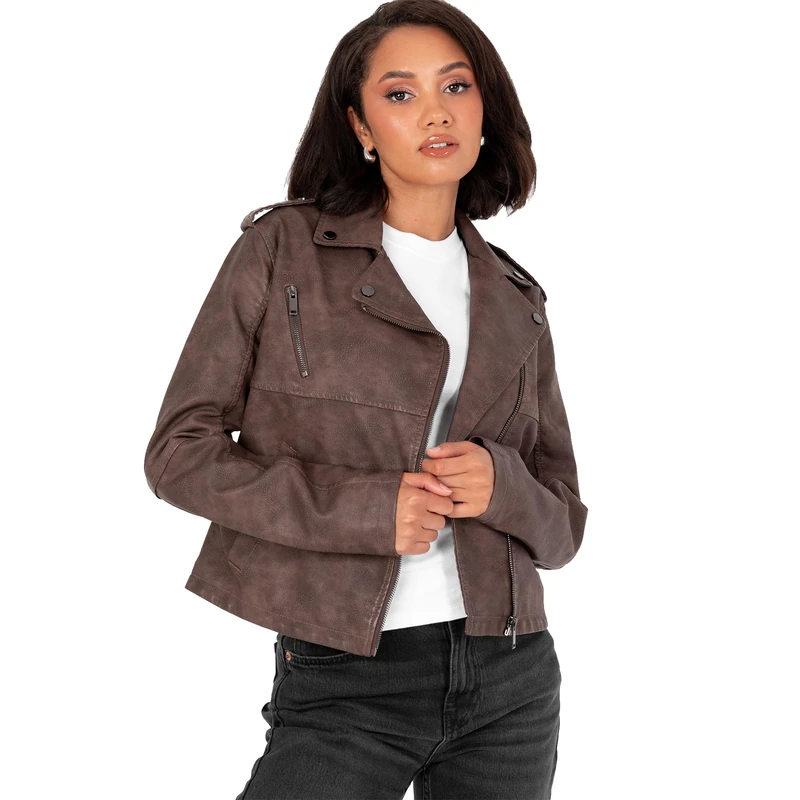 Lovedrobe Women's Biker Jacket Ladies Soft Faux Leather PU Studded Collar Distressed Long Sleeve Zip Pockets Casual Coat, Brown 36, brown, 10