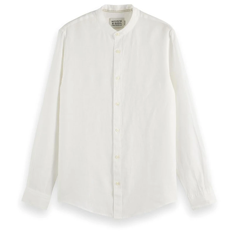 Scotch & Soda Men's Linen Stand Up Collar Shirt, White, XXL