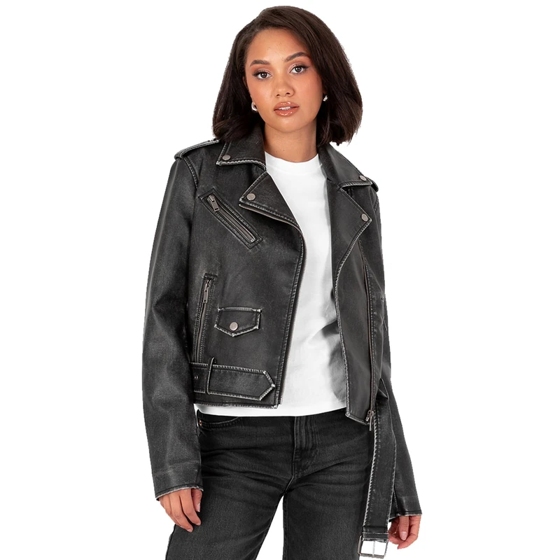 Lovedrobe Women's Biker Jacket Ladies Faux Leather Motorcycle Long Sleeve Distressed Asymmetric Zip Stud Belt Pocket Casual Coat, Black 54, black, 28