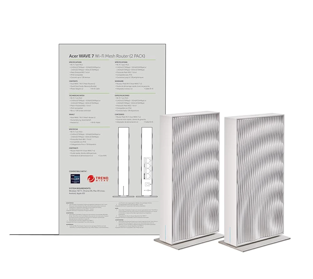 ACER Pack of 2 WiFi Connect W7 Mesh Routers, WiFi 7 up to 6.4 Gbps, Mesh System, MLO, Supports 6 GHz / 5 GHz / 2.4 GHz and 320 MHz, Multiple Ethernet Ports