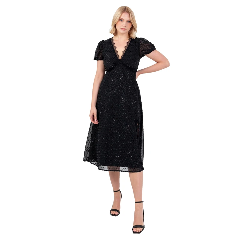 Lovedrobe Women's Midi Dress Ladies V-Neck Short Puff Sleeve Glitter Chiffon Lace Trim Side Split Shirred Back Party Evening, Black 16