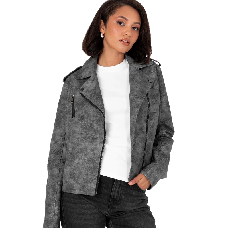 Lovedrobe Women's Biker Jacket Ladies Soft Faux Leather PU Studded Collar Distressed Long Sleeve Zip Pockets Casual Coat, Black 44, black, 18