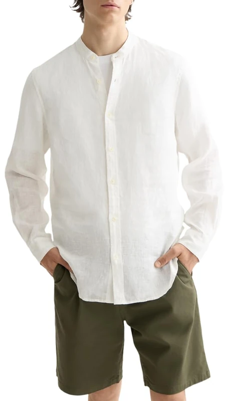 Scotch & Soda Men's Linen Stand Up Collar Shirt, White, L
