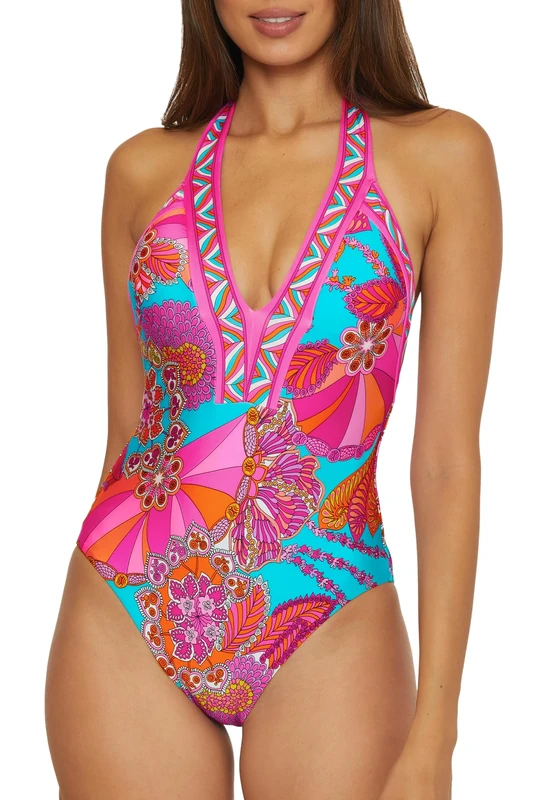 Trina Turk Women's Meilani One Piece Swimsuit, Plunge Neck, Floral Print, Bathing Suits, Multicolor (A), 12
