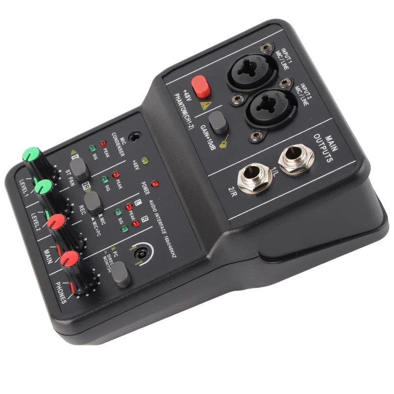 2 Channel Audio Mixer, Small Sound Desk USB 48V Sound Controller Interface USB Sound Card Power Compact Mixing Console Music Recording Home Karaoke Network Karaoke