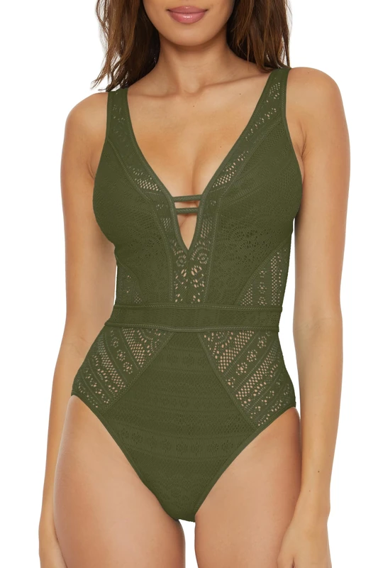 BECCA Women's Color Play One Piece Swimsuit, Plunge Neck, Crochet, Bathing Suits, Cactus, Large