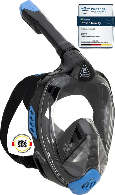 Cressi Bali Full Face Snorkel Mask - CO2 Safe Anti-Fog Scuba Mask - Advanced Dry Snorkel Set for Adults - Comfortable Silicone Seal for Scuba Diving Equipment - Black / Blue - L-XL