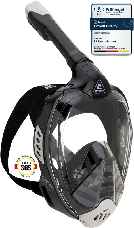 Cressi Bali Full Face Snorkel Mask - CO2 Safe Anti-Fog Scuba Mask - Advanced Dry Snorkel Set for Adults - Comfortable Silicone Seal for Scuba Diving Equipment - Black/Grey - S/M