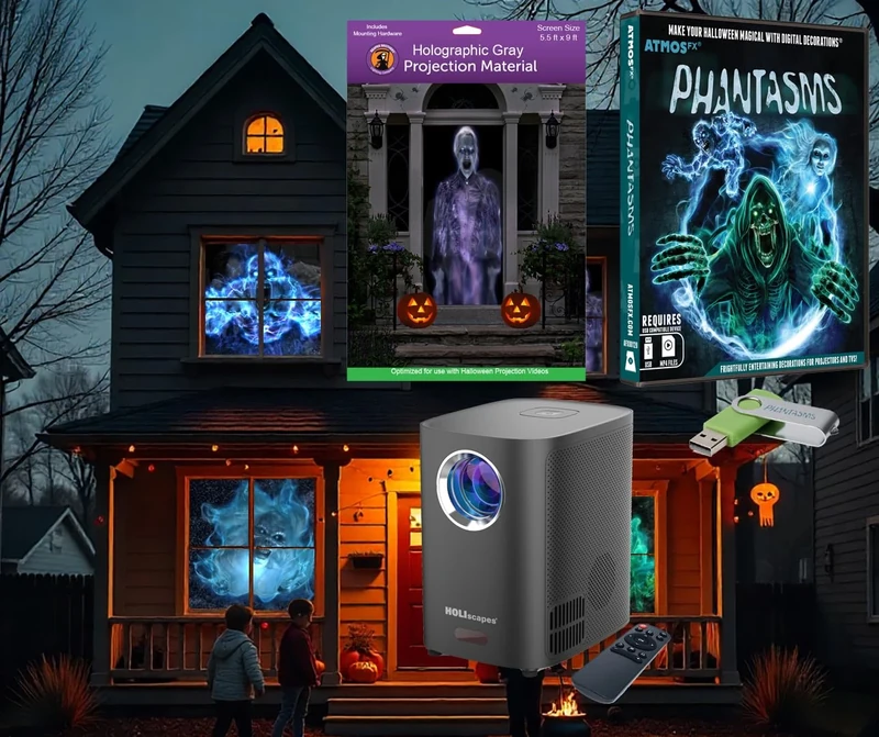 HoliScapes® USB Projector Kit - AtmosFx Phantasms USB + Projector + 5.5' x 9' Large Gray Holographic Screen for Halloween Projection