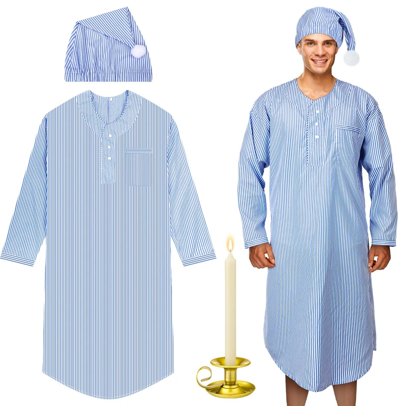 Toulite 4 Pcs Men's Pajama Set Includes Men's Nightshirt Night Sleeping Cap Candle Holder and Candle for Halloween Christmas(Medium)