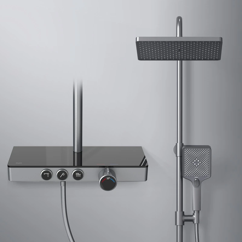 EMKE Thermostatic Shower Column, Matt Anthracite with Thermostatic Rain Shower and Hand Shower, 3 Jet Modes, 36 cm Thermostatic Panel, 30 cm Rain Shower, KTW Certified