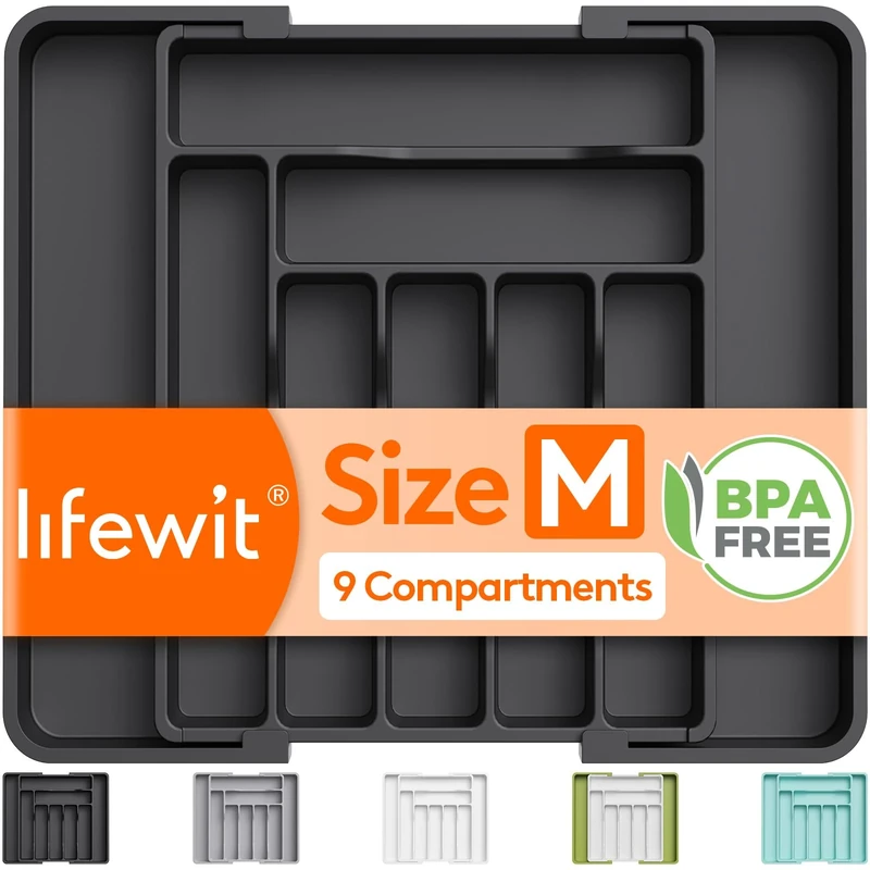 Lifewit Extendable Cutlery Drawer Organiser, Adjustable Cutlery Tray, Utensil Holder for Forks, Spoons, Knives, Plastic Kitchen Organiser and Storage, 9 Compartment, 30-50 x 38cm, Black