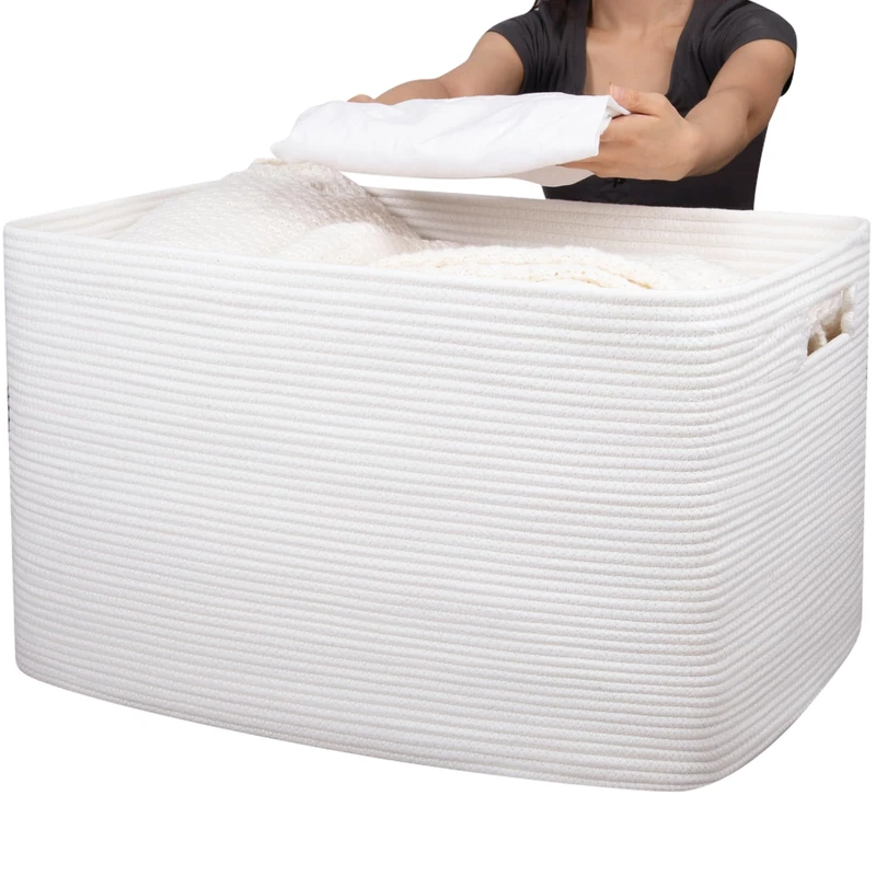 OIAHOMY 118L XXXLarge Cotton Rope Storage Basket, Oversized Blanket Basket, Used for Organizing Dirty Clothes in Living Room, Bedroom, Nursery, Dog Toy Storage Bins, 25" x 17" x 16",White