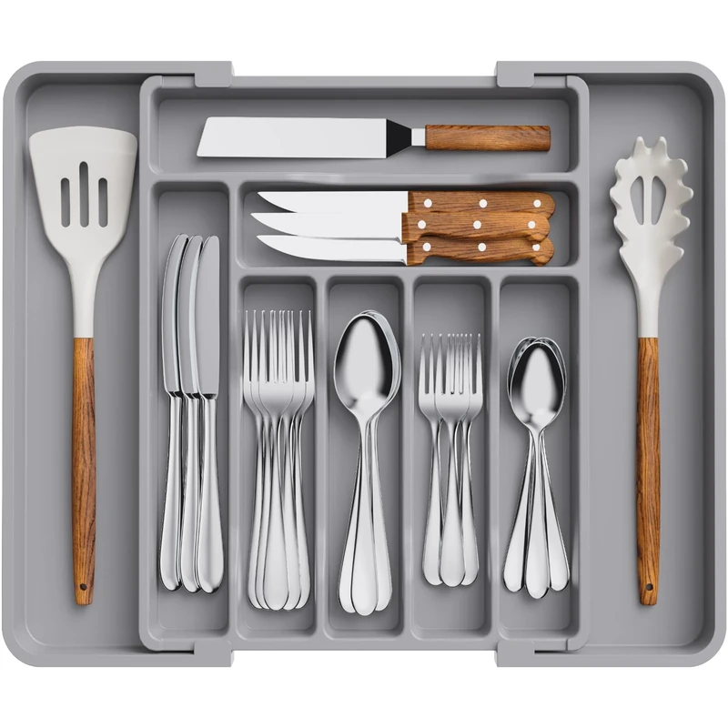 Lifewit Extendable Cutlery Drawer Organiser, Adjustable Cutlery Tray, Utensil Holder for Forks, Spoons, Knives, Plastic Kitchen Organiser and Storage, 9 Compartment, 30-50 x 38cm, Grey