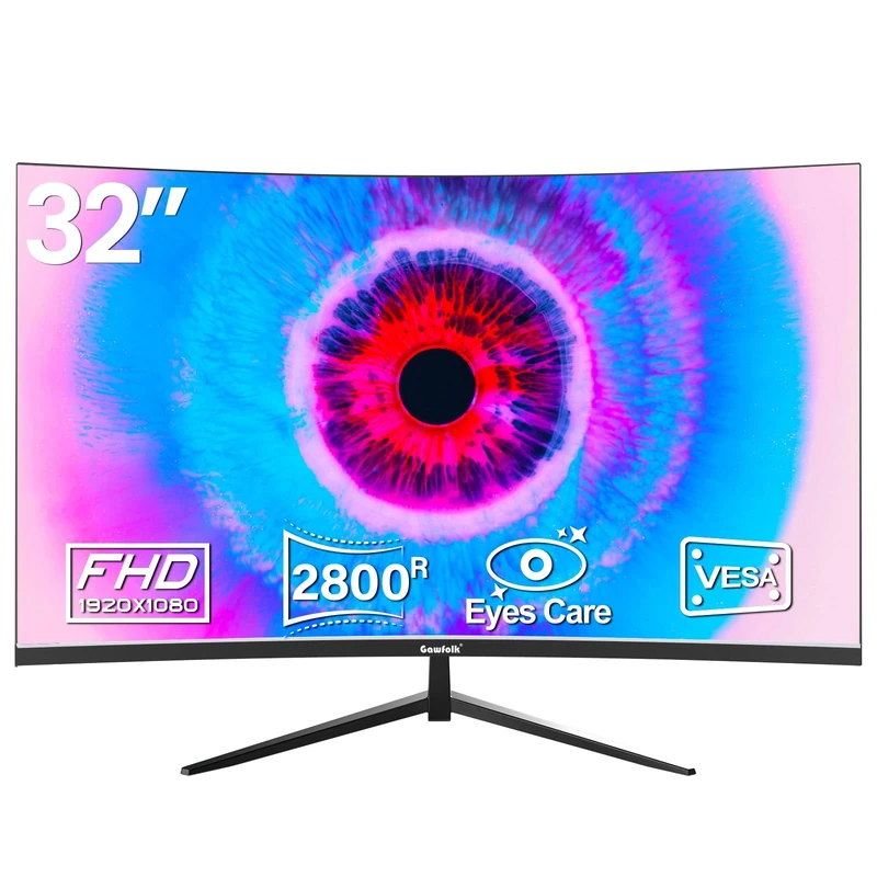 Gawfolk 32 Inch Computer Monitor, 75Hz Full HD 1920 x 1080p Curved Display, HDMI/VGA, Home Office Business PC Monitor Ultra-Thin Zero Frame