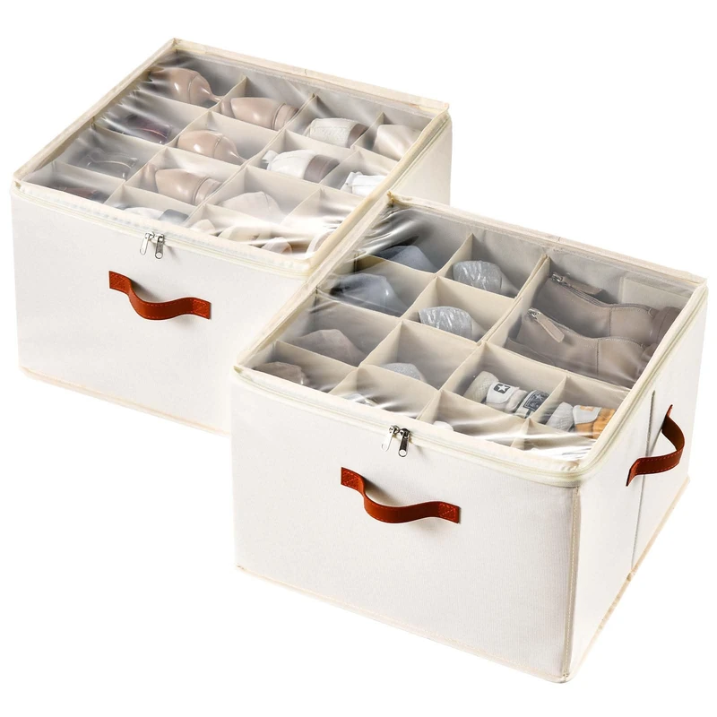 INSTY Shoe Organizer for Closet, 2 Pack Foldable Shoe Storage Containers, Fits up to 16-32 Pairs, Adjustable Dividers for Shoe Storage, Fabric Shoe Storage Bins with Clear Cover, Beige