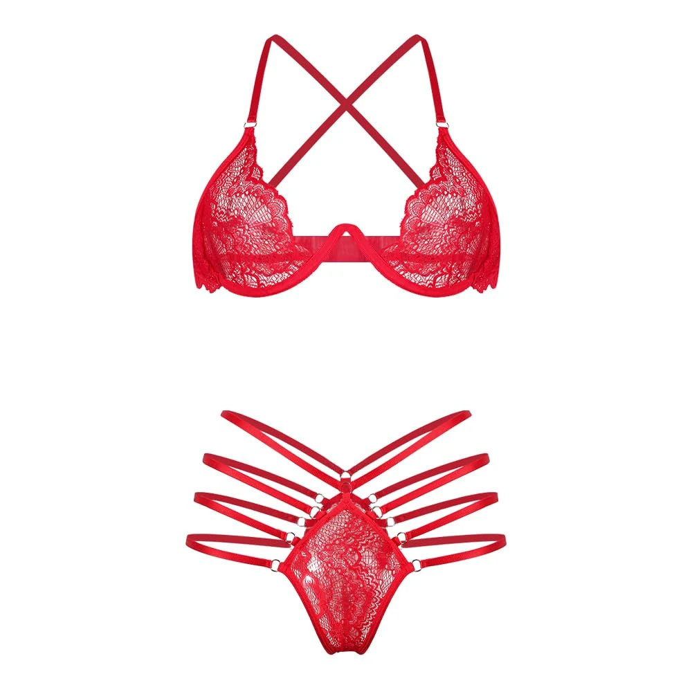 Satohom Women's Lace Lingerie Set Sexy Underwear 2 Pieces Set with Underwire Push up Bra Half Cup High Waisted Thong Set for Women Ladies Naughty See Through Nightwear Teddy Babydoll Red/Black S-XL