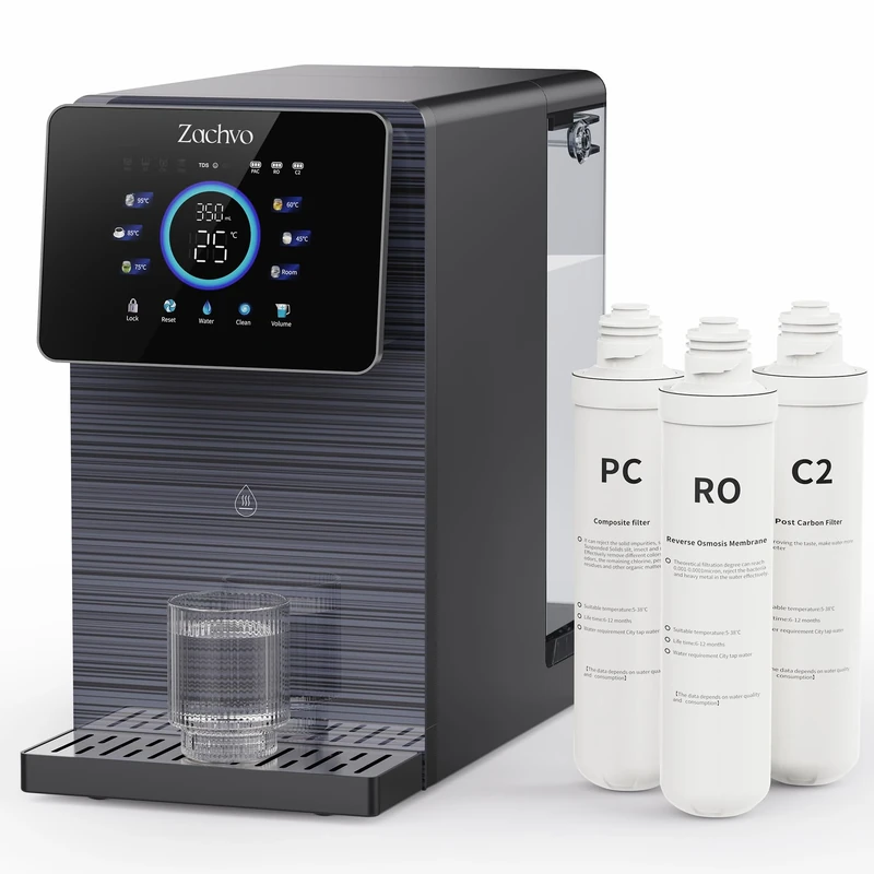 ZACHVO Puri V12 Countertop Reverse Osmosis System Hot Water Dispenser, 3 Filters 6-Way Filtering, 6 Temperature levels, Lime-Free Drinking Mobile Water Filter for Kitchen, Office, no Water Connection