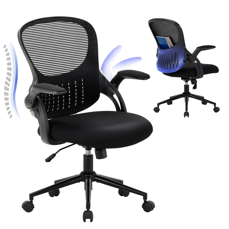 COLAMY Office Chair with Padded 90° Flip-up Armrest, Lumbar Support, Height Adjustable Ergonomic Desk Chair, Executive Swivel Rolling Computer Chair, Comfy Seat Cushion for Home/Office (Black)