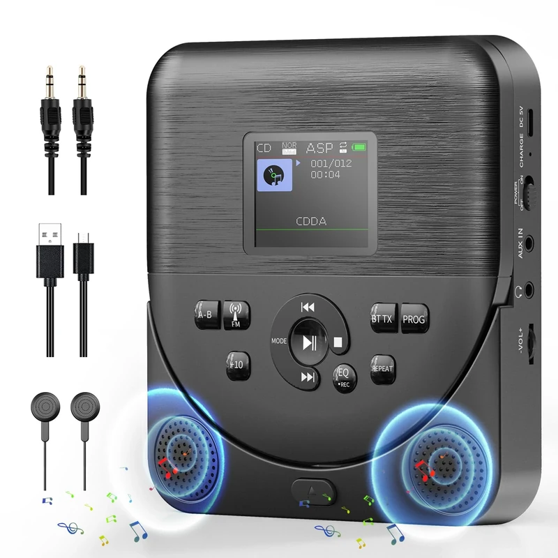 Portable CD Player, FELEMAN Bluetooth CD Player with Speakers/Headphones/Display, Rechargeable CD player for car with FM Transmitter, with TF Card Reader 3.5mm AUX Cable, Black