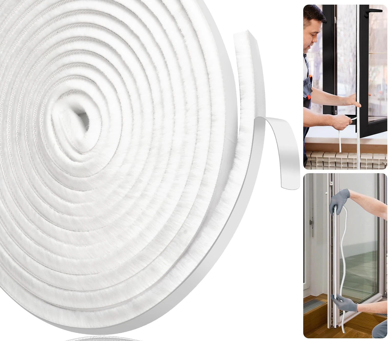 Joaercs Window Draft Excluder, Draught Excluder for Doors, 10Meters(L) x 9mm(W) x 5mm(T) Self-Adhesive Brush Seal Strip, Stop Draught for Doors, Window, Wardrobe, White
