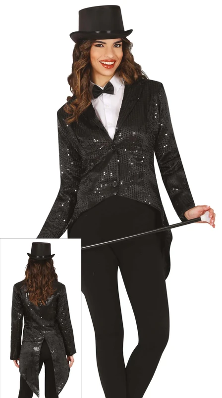 FIESTAS GUIRCA Black Sequin Tailcoat Fancy Dress Women - Fancy Black Tail Coat Jacket Women - Shiny Tuxedo Tails Blazer Fancy Dress Costumes for Women Size L
