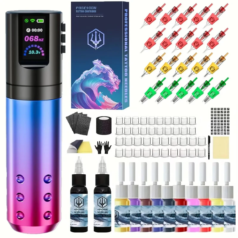 POSEIDON Tattoo Pen Kit with 20 PCS Cartridges, Wireless Power, Japan Coreless Motor Digital Display