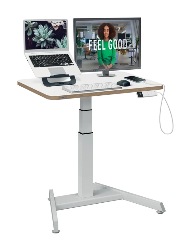 Leitz Ergo Small Electric Sit Stand Desk with Smart Stand-Up Reminder, Ergonomic Standing Desk, Holds Up to 80kg, Tray For Cable Management, 80cm x 60cm, Ergo Range, White, 65341001